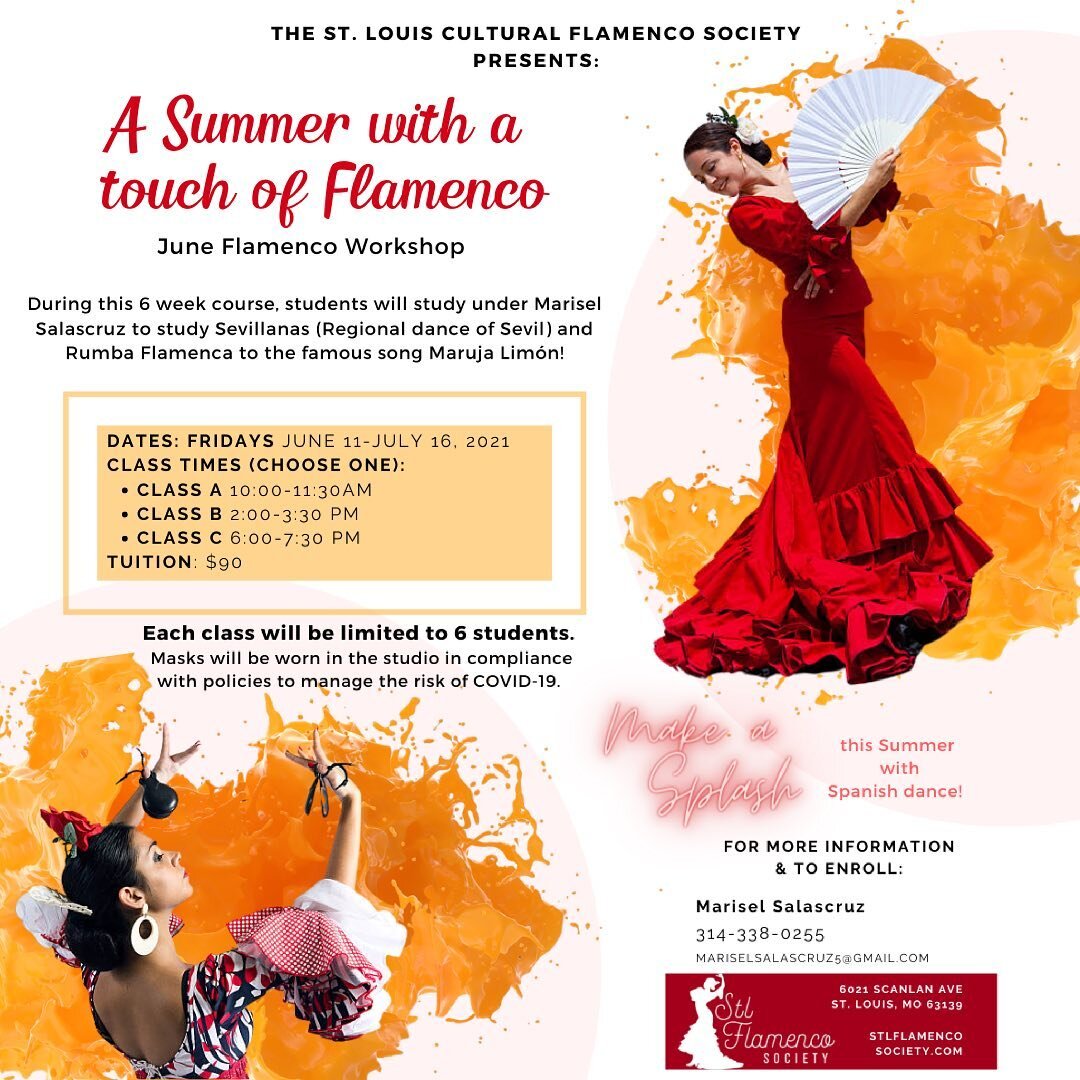 Join us for a 6-week summer workshop in June/July! Ever want to try flamenco? Here&rsquo;s your chance! 

Email Marisel Salascruz at marisel.salascruz5@gmail.com to sign up! 

#stlflamenco #stlouisdance #stlgram #dance #spanishdance #spanishflamenco