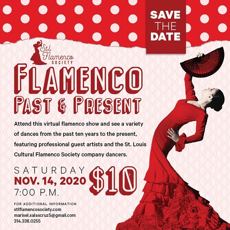 Although we can&rsquo;t host our usual in-person events, we are pleased to present Flamenco: Past &amp; Present, a virtual show happening on November 14! Click the link in our bio to purchase a $10 ticket! #virtualflamenco #flamencostl #stlflamenco #