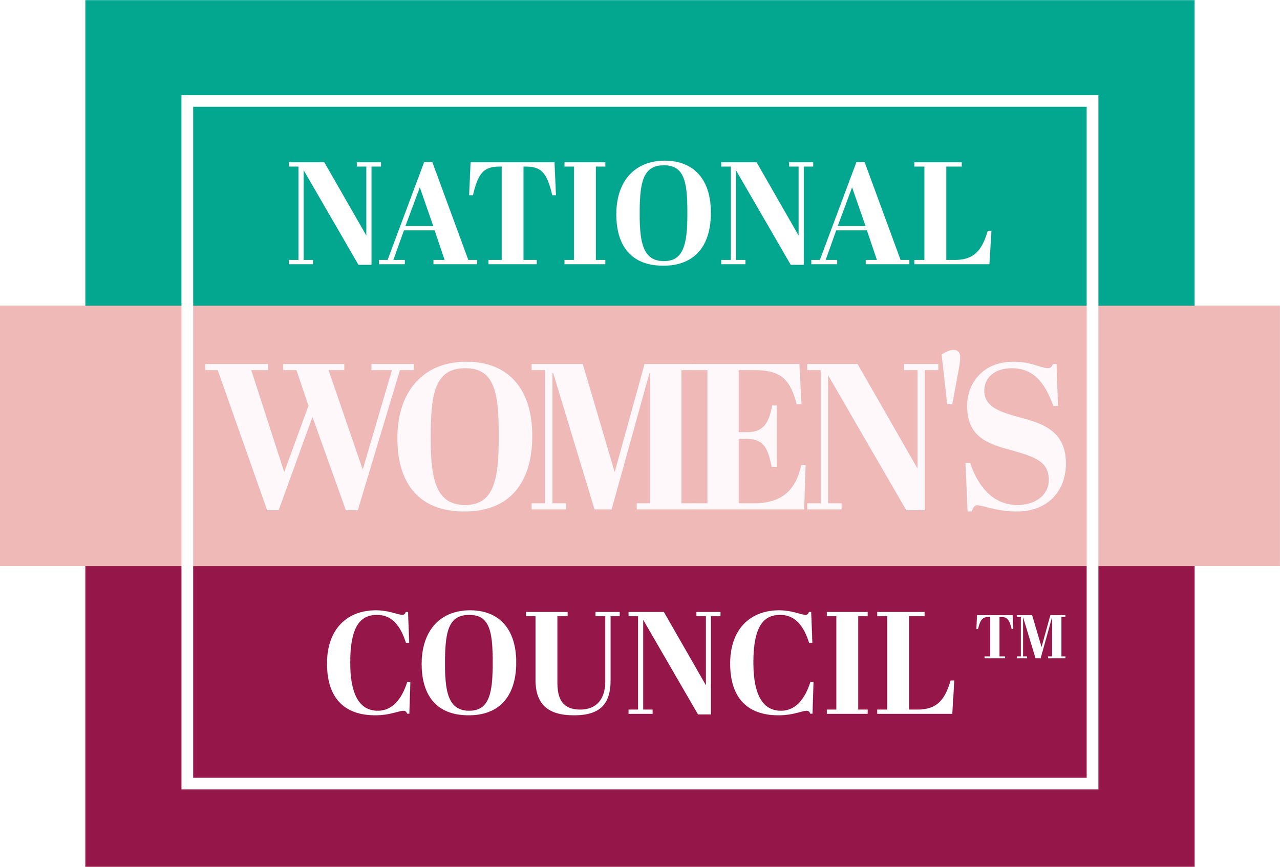 Logo of the National Women's Council with teal, pink, and maroon sections, featuring text in white and maroon.