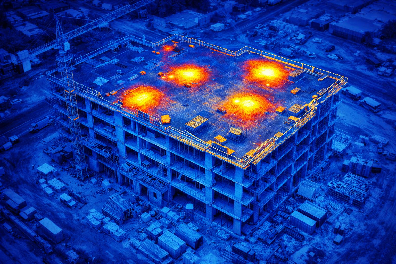 thermal image depicting hotspots on a building under construction