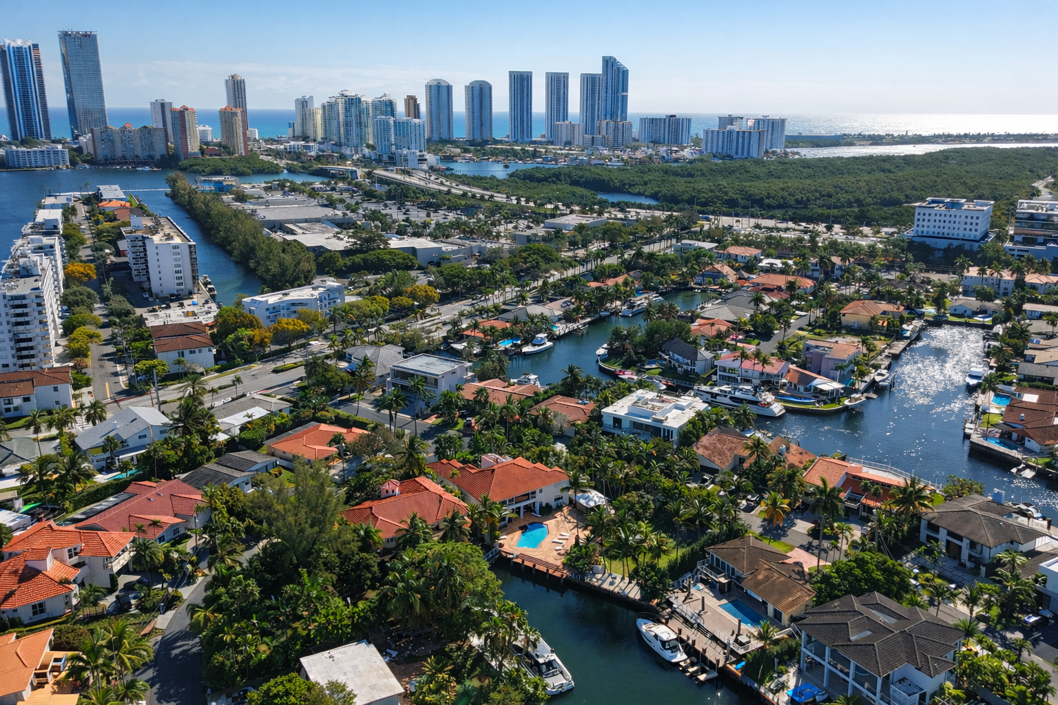 Aerial view of a coastal city with high-rise buildings, waterways with boats, and residential houses with pools and lush greenery.