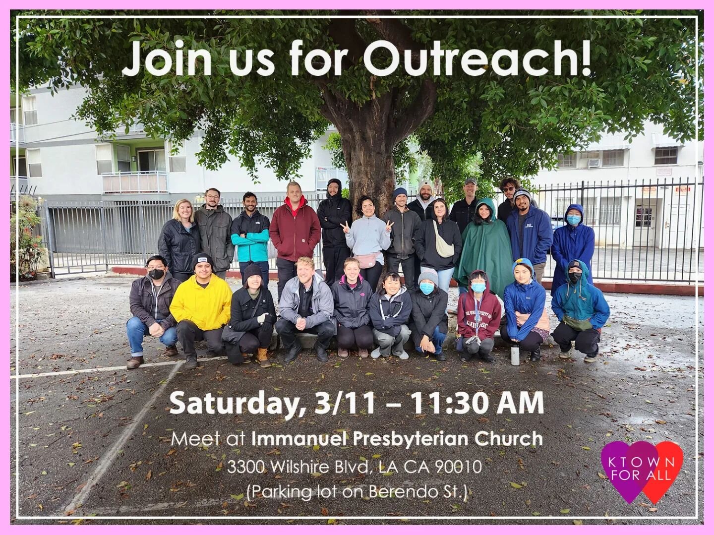 Join us for outreach tomorrow! We meet in the Immanuel Presbyterian Church parking lot at 11:30am. Parking is available in the lot. Hope to see you there!