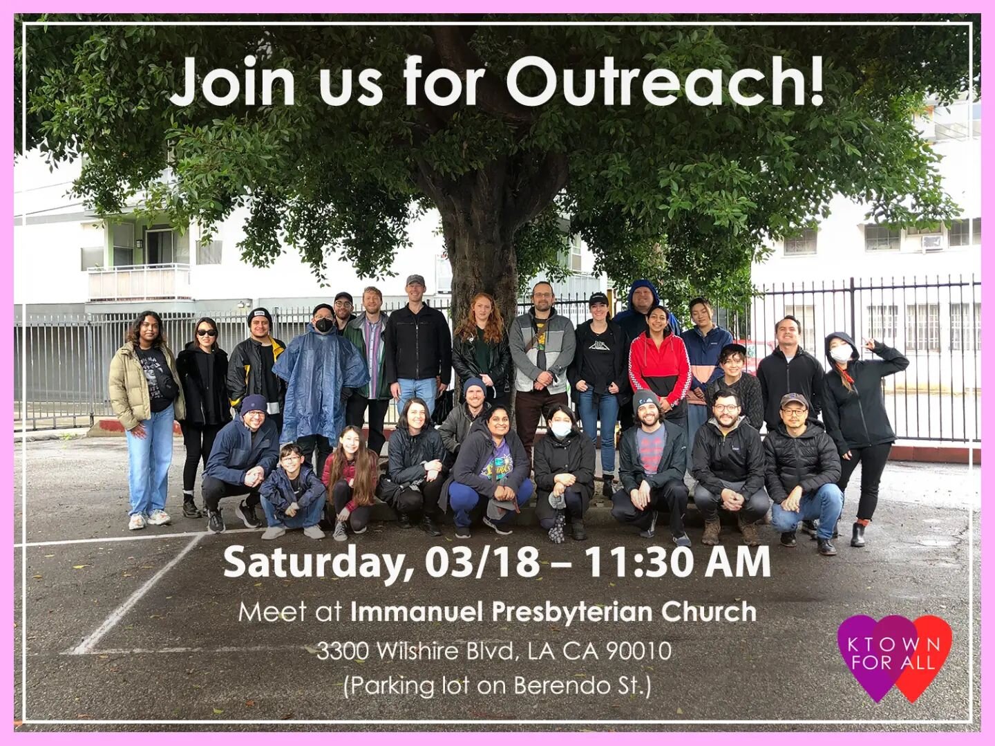Join us for outreach tomorrow! We meet in the Immanuel Presbyterian Church parking lot at 11:30am. Parking is available in the lot. Hope to see you there!