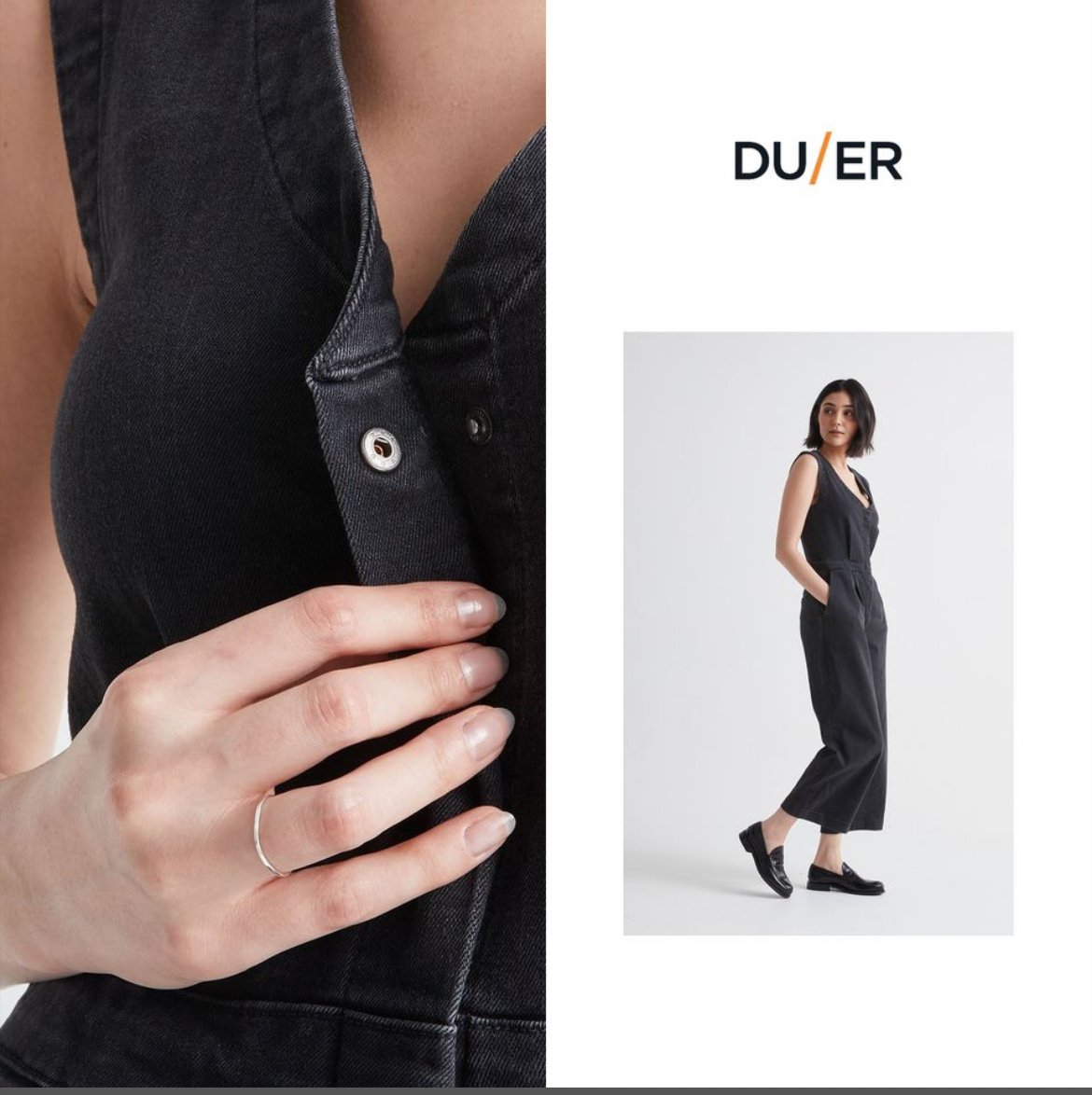 Close-up of a person wearing a black denim vest with a hand resting on the chest, and a full-body image of a woman in a black sleeveless jumpsuit with pockets, standing against a white background.