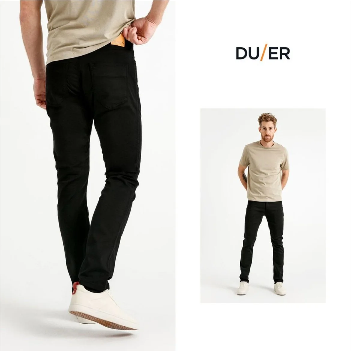 Close-up of a person wearing black pants and white sneakers, with a beige shirt, standing with one hand on their hip, against a plain white background. To the right, a full-body portrait of a man with curly hair and a beard, wearing a beige t-shirt, 