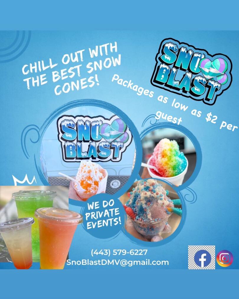 Book today is today for Snow cones, cotton candy, popcorn, and handmade concessions😋

443-579-6227
SnoBlastDMV@gmail.com