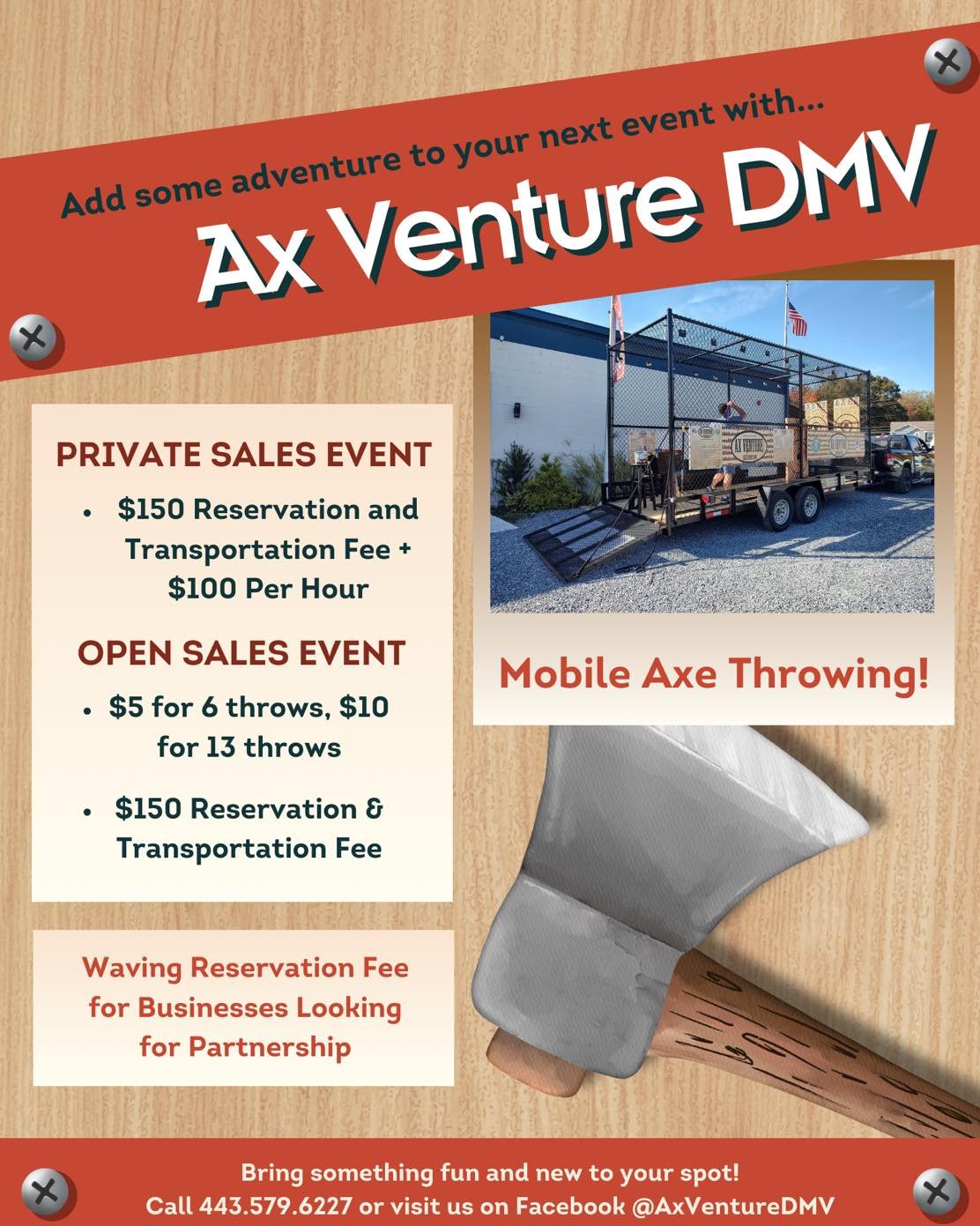 Book Ax Venture today! 443-579-6227 or AxVentureDMV@gmail.com