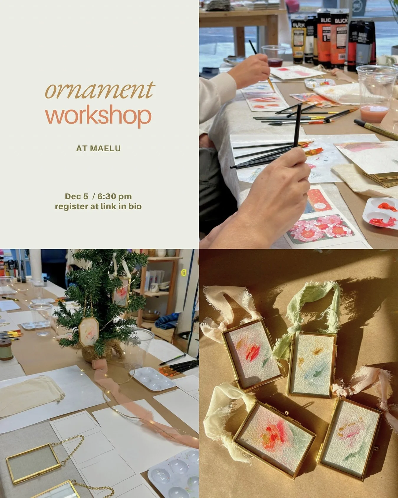 It&rsquo;s the most wonderful time of the year to paint your own abstract art ornaments 🎄

Come solo or bring your date/bestie for a relaxing night of creation and community. All supplies are provided and you can BYOB to make it a paint and sip🥂

T