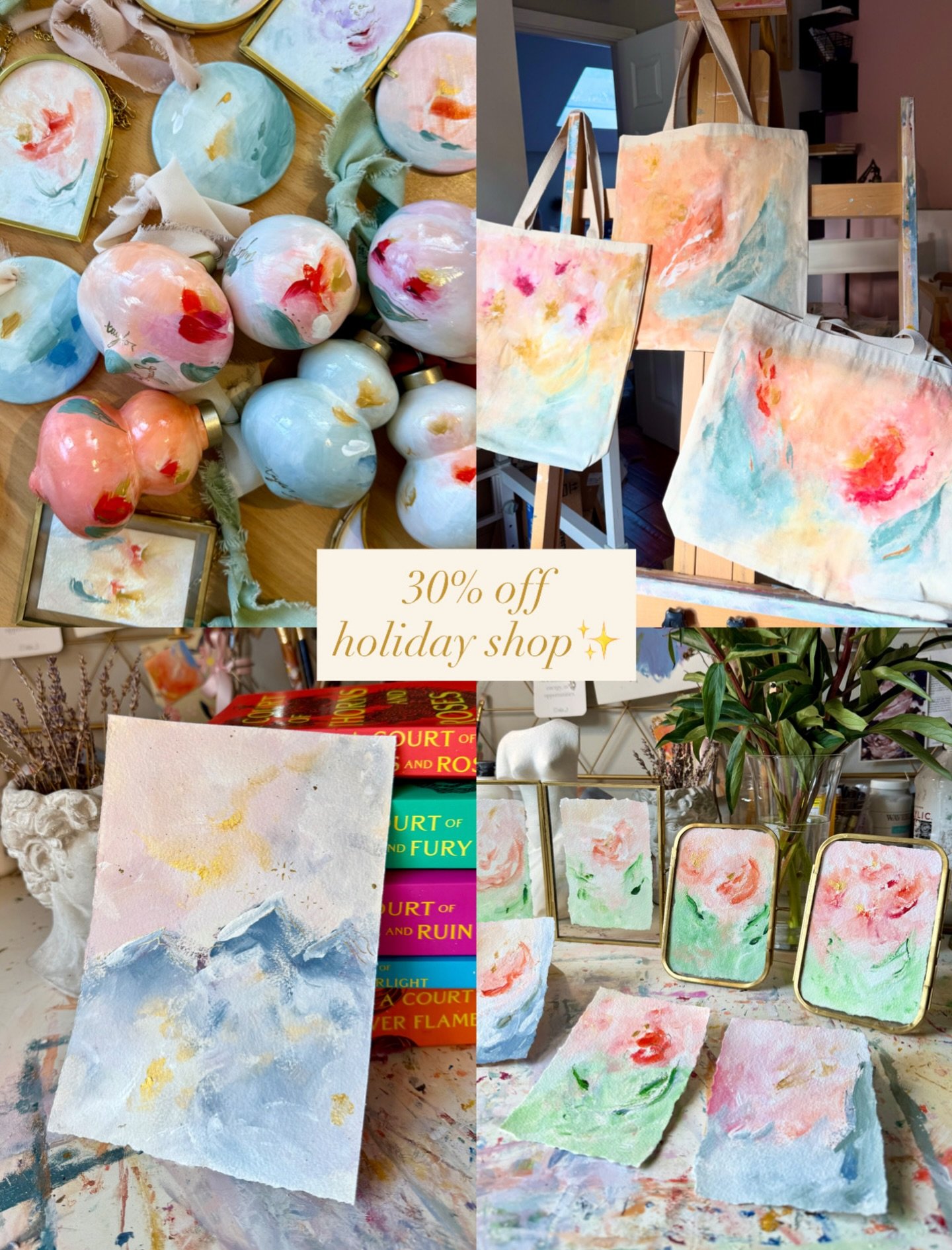 Gift giving made easy ✨ today&rsquo;s the last day to shop the entire holiday shop at 30% off. Including handpainted ornaments and totes, acotar inspired abstracts, and various paper and oval canvas originals. Just use &ldquo;celebrate&rdquo; at chec