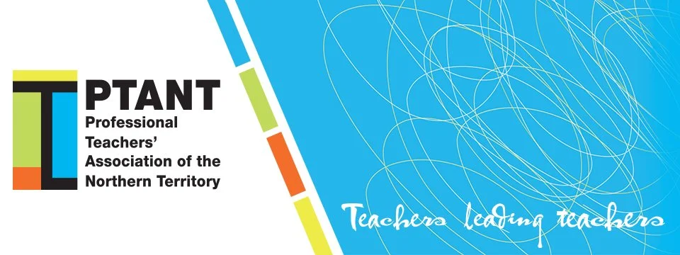 Logo of the Professional Teachers' Association of the Northern Territory with colorful vertical stripes and the phrase 'Teachers leading teachers' on a blue background.