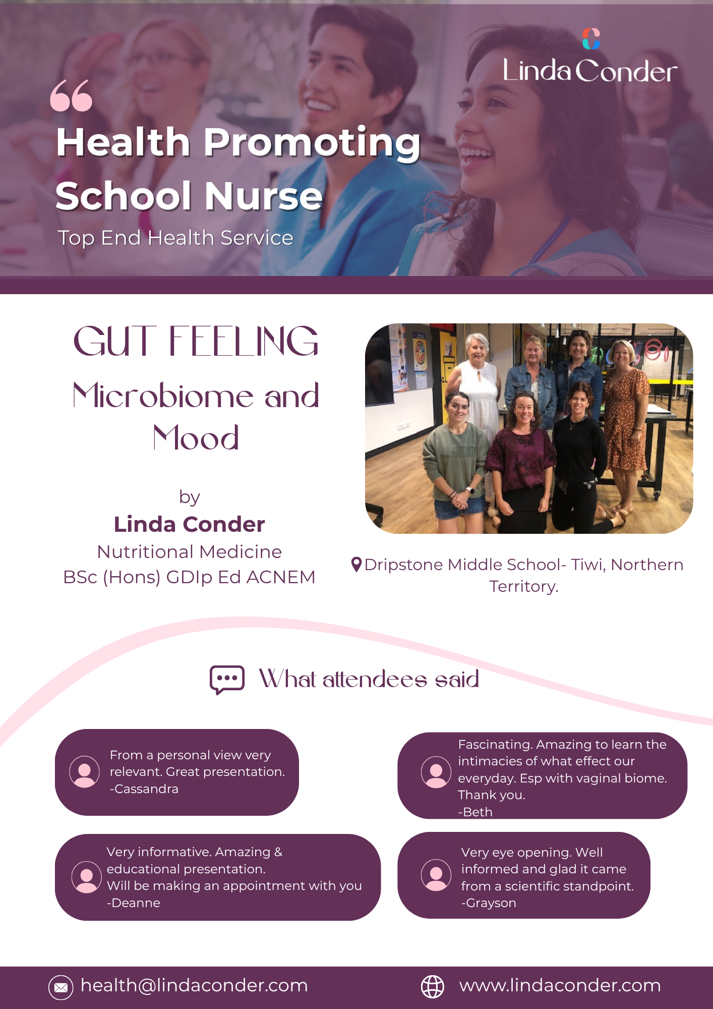 Flyer for a health presentation titled "Gut Feeling: Microbiome and Mood" by Linda Conder, a nutritional medicine expert, at Dripstone Middle School in Tiwi, Northern Territory, featuring photos of audience members and attendee testimonials.