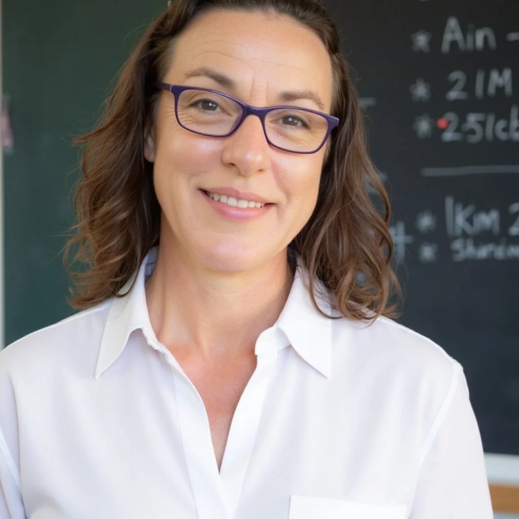 Linda Conder wearing glasses, with wavy brown hair smiling at the camera, standing in front of a chalkboard with writing on it.