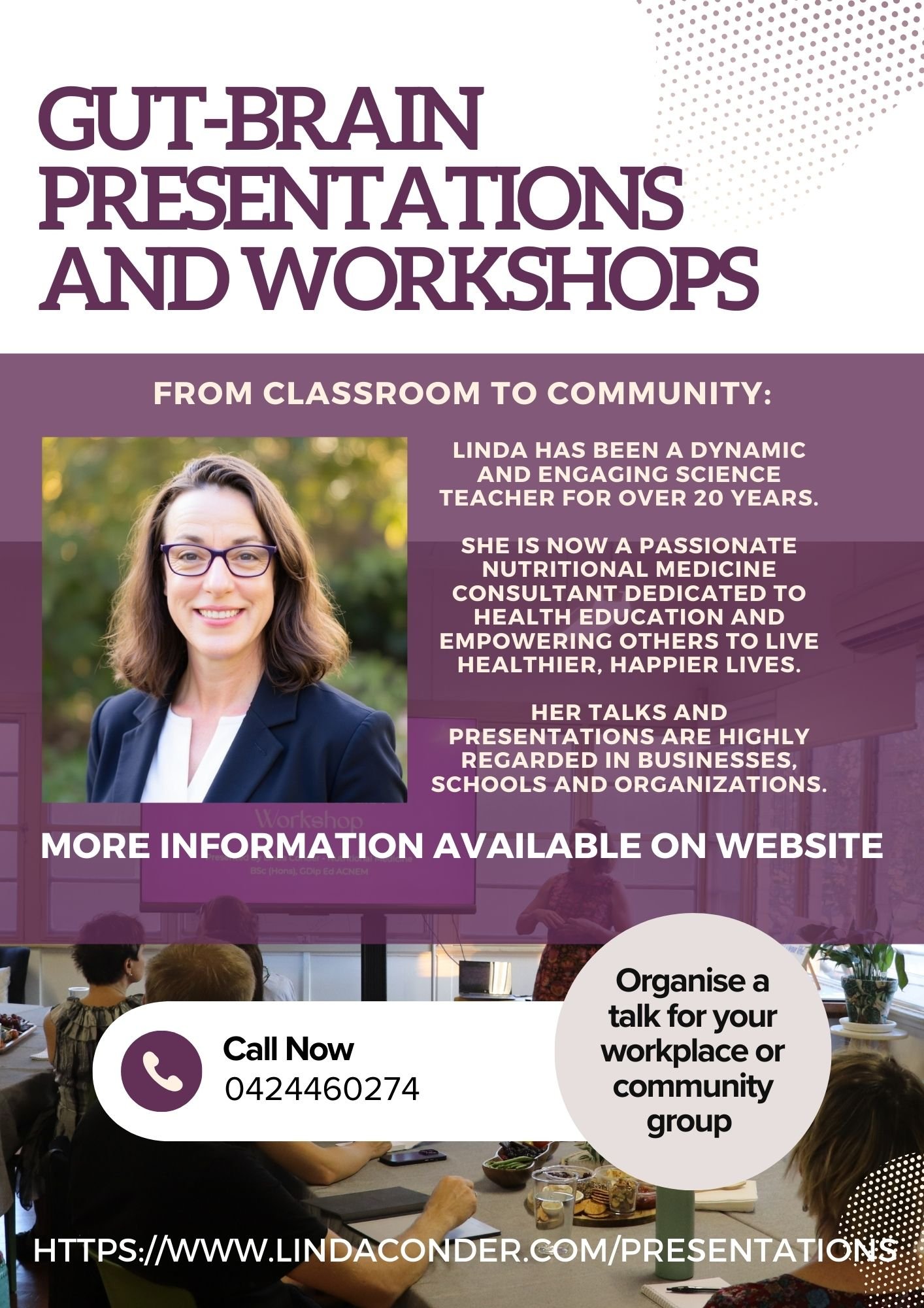 Flyer for Gut-Brain Presentations and Workshops featuring a photo of a woman, event details, contact number and website for more information.