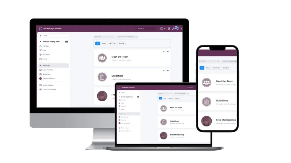 Desktop, laptop, and smartphone screens display a team collaboration app with sections labeled 'Meet the Team,' 'Guidelines,' and 'Free Membership'.