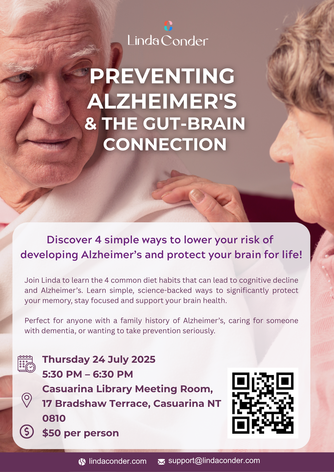 Flyer for a presentation on preventing Alzheimer's and gut-brain connection, hosted by Linda Conder, featuring an elderly man and woman, date, time, location, cost, and a QR code.