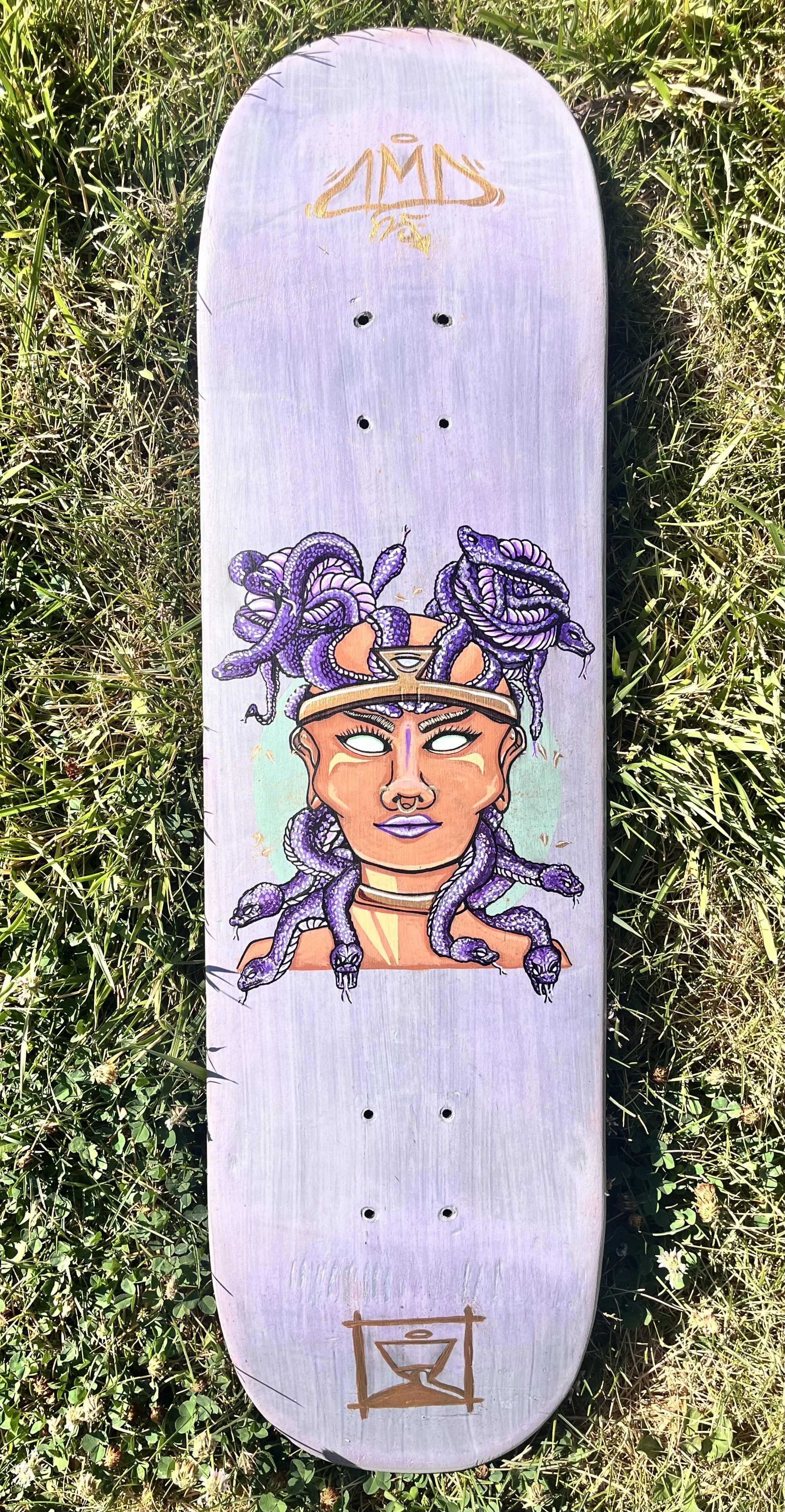 "Medusa" 2025 Acrylic and Ink on Recycled Skateboard