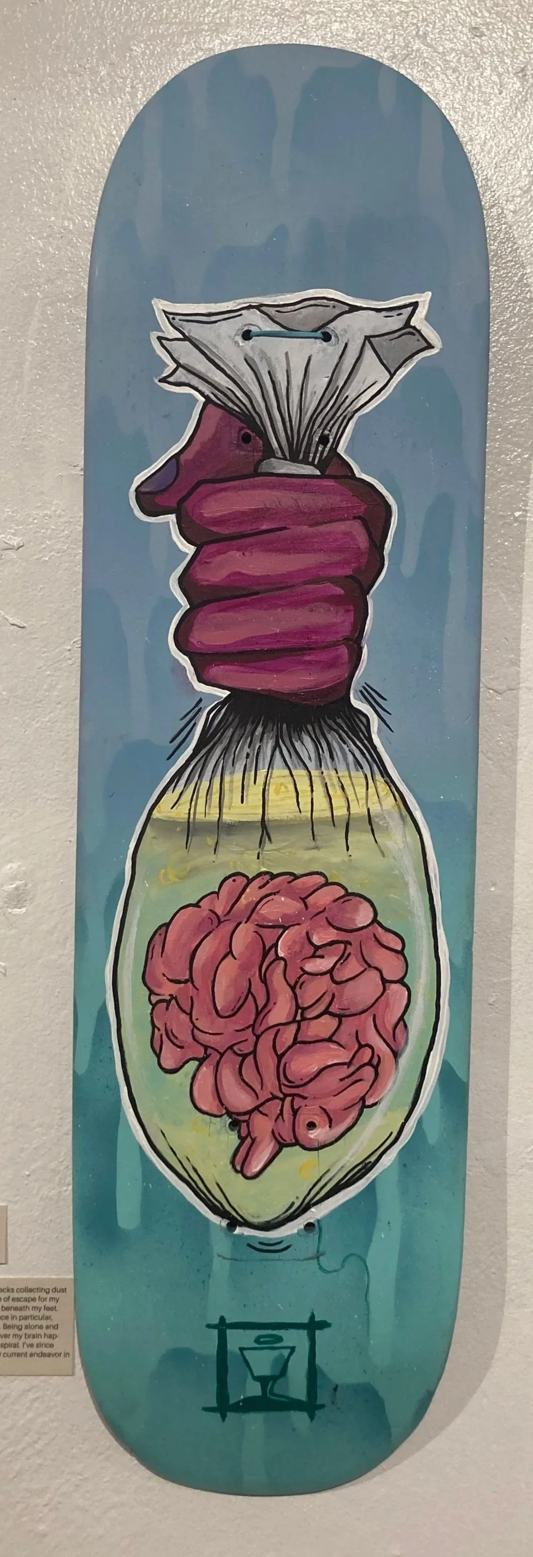 "My Mind is Swimming" 2022 Acrylic and Ink on Recycled Skateboard