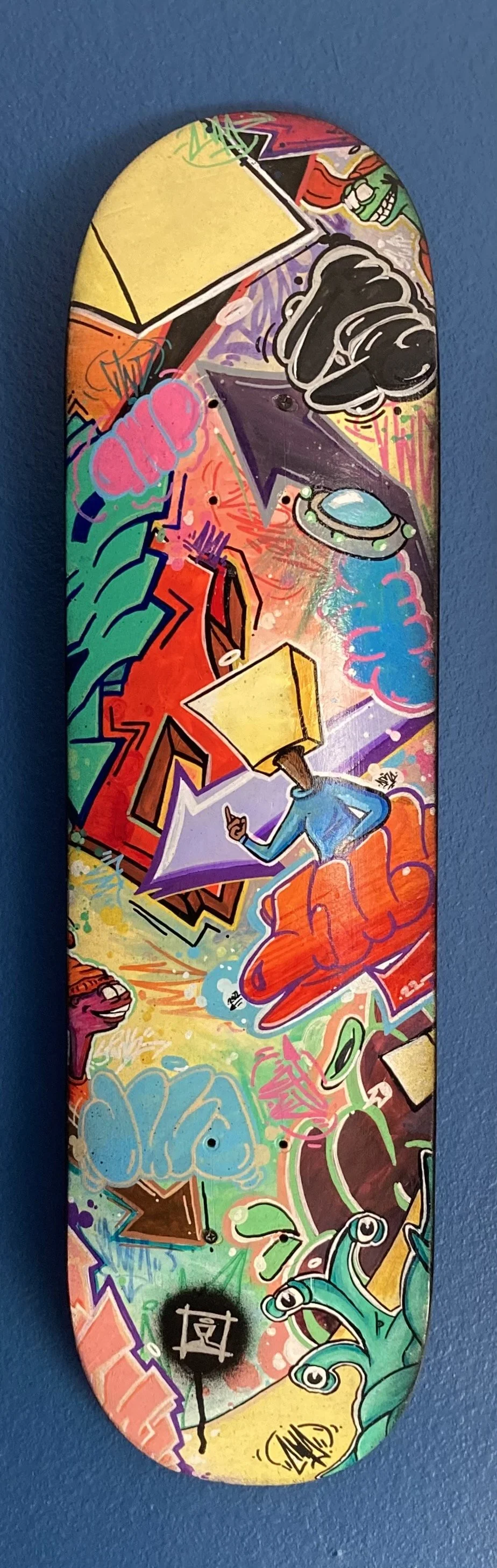 "Freestyle" 2022 Acrylic and Ink on Recycled Skateboard