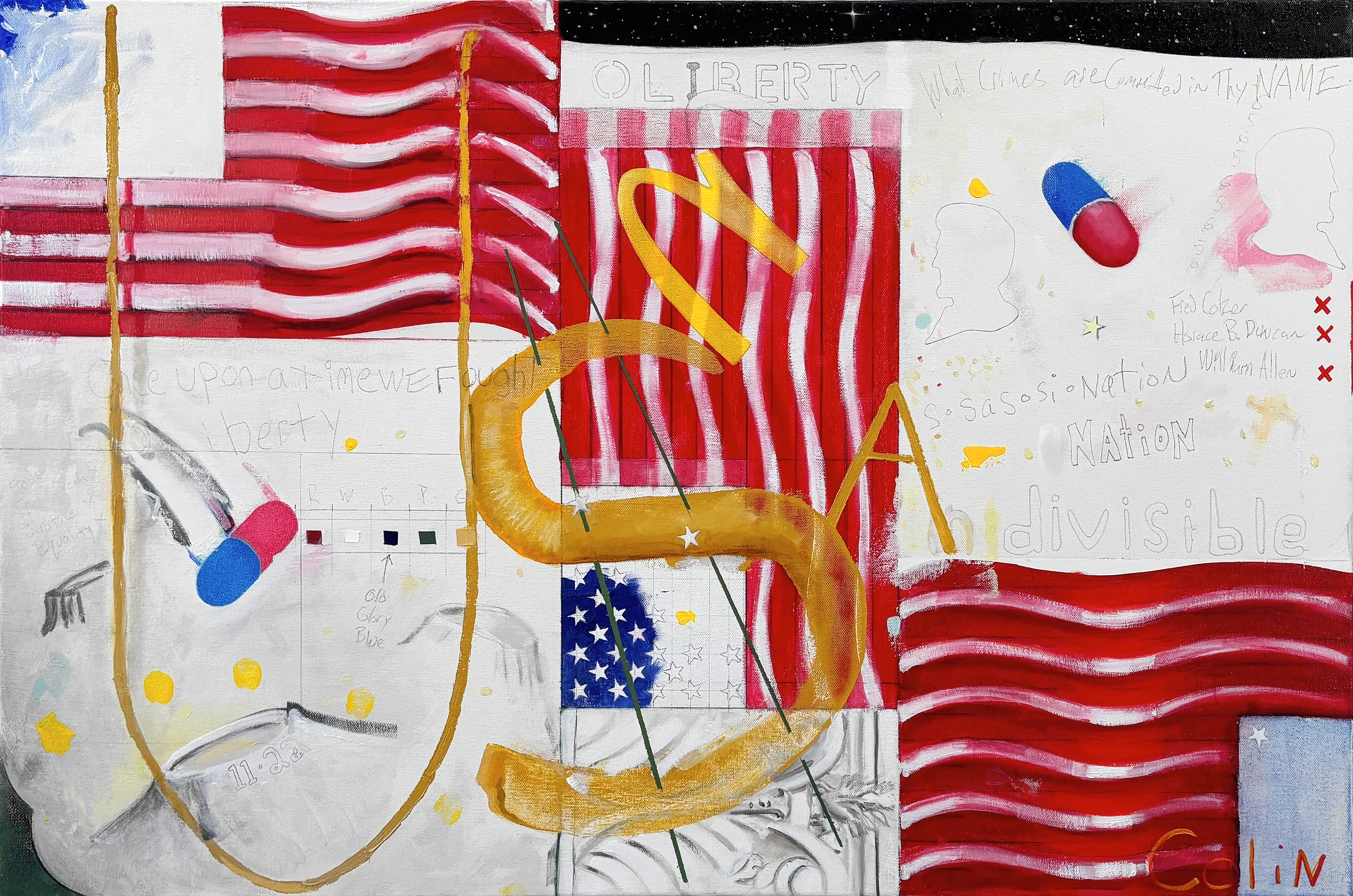 "Culture Games" Oil & pencil on canvas. 24 in. x 36 in.