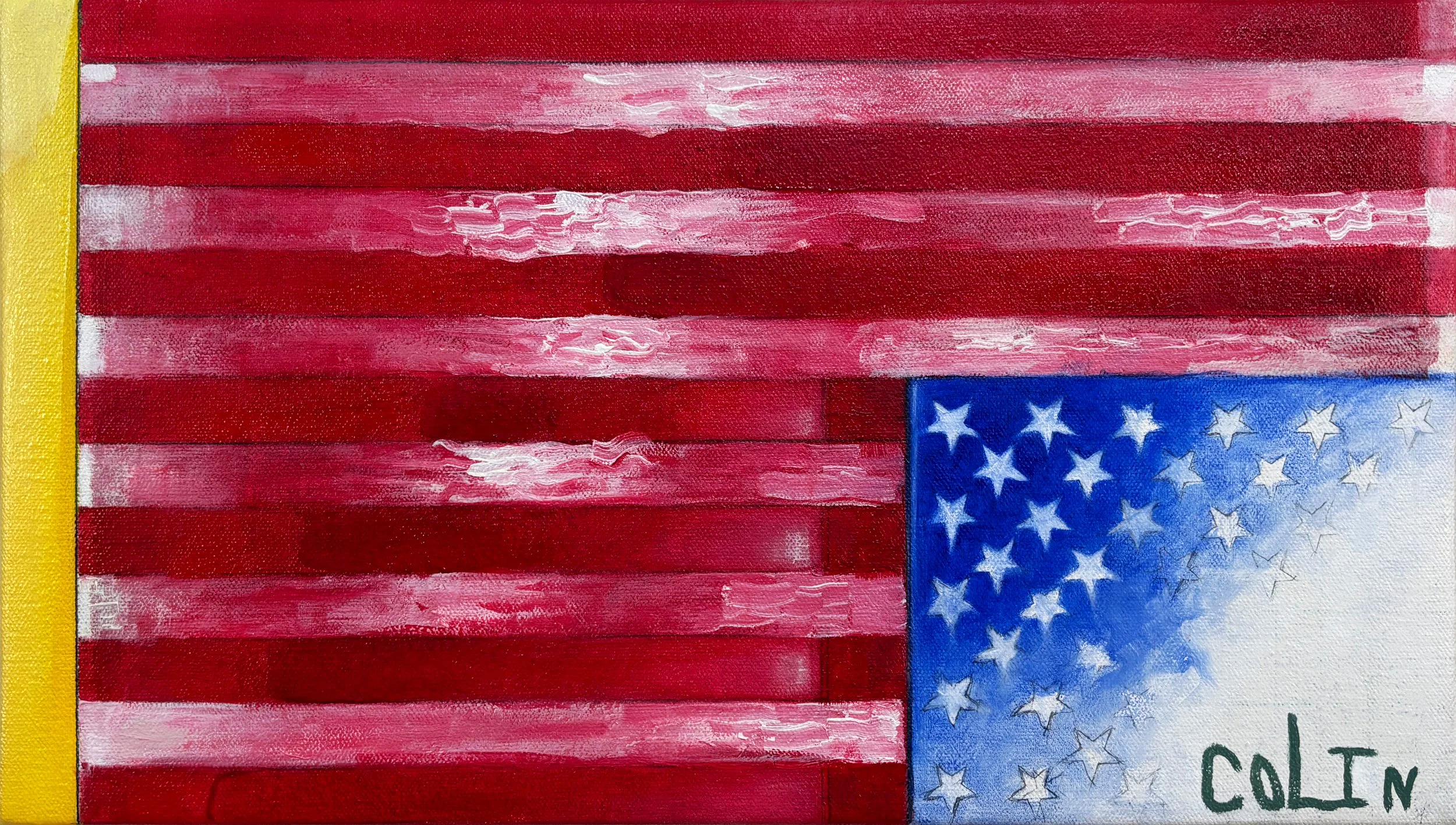 "Alt-Flag, Red-Yellow-Blue" Oil & pencil on canvas. 9 in. x 16 in.