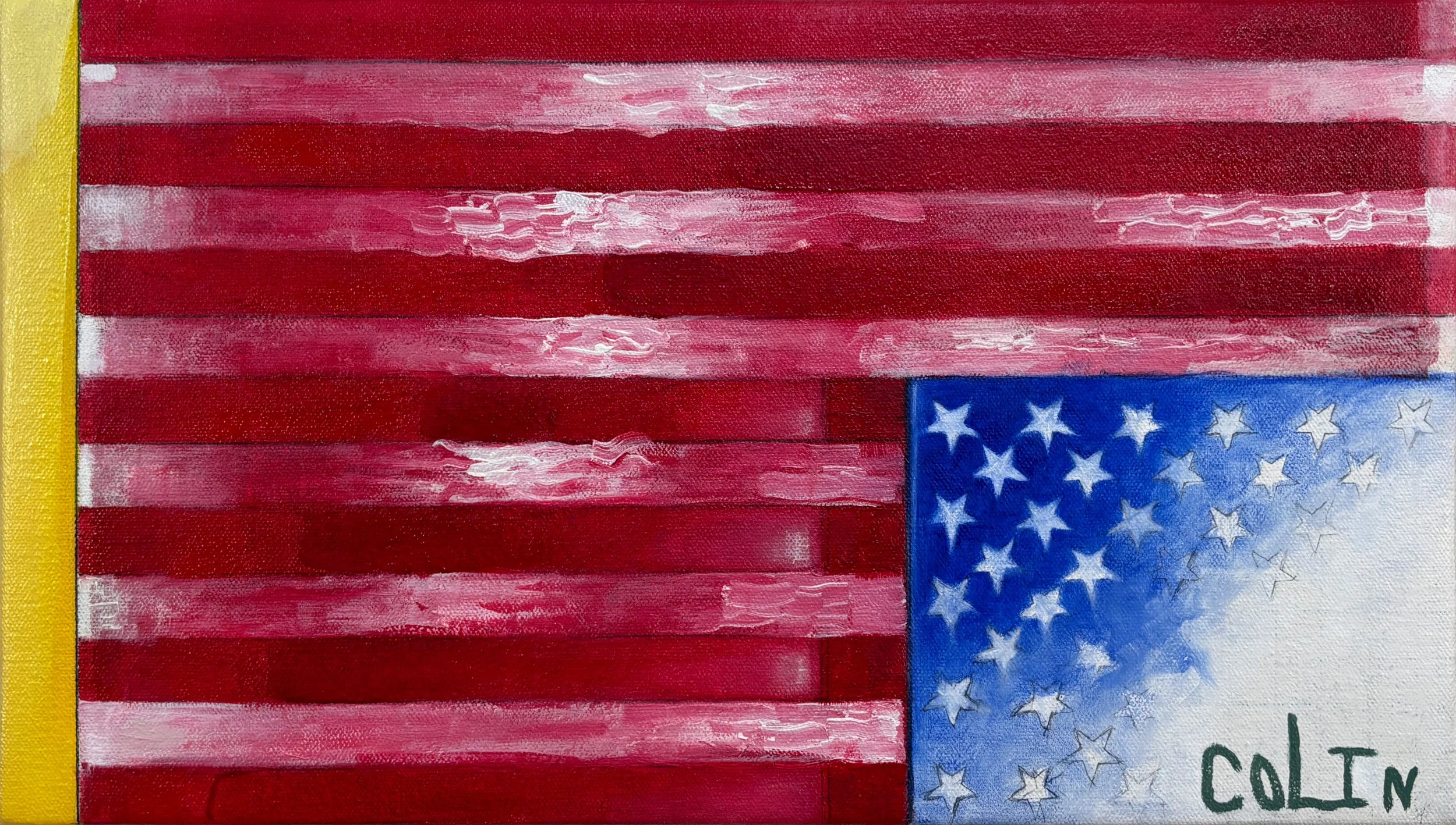 "Alt-Flag, Red-Yellow-Blue" Oil & pencil on canvas 9" x 16"