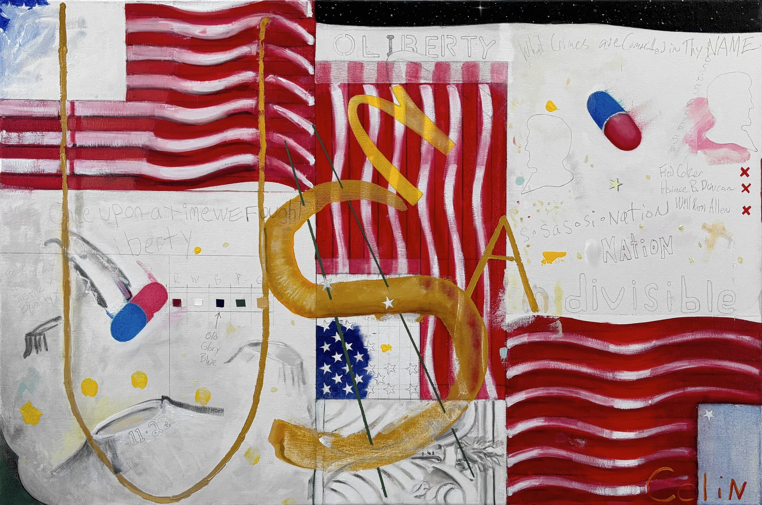 "Culture Games" Oil & pencil on canvas. 24" x 36"