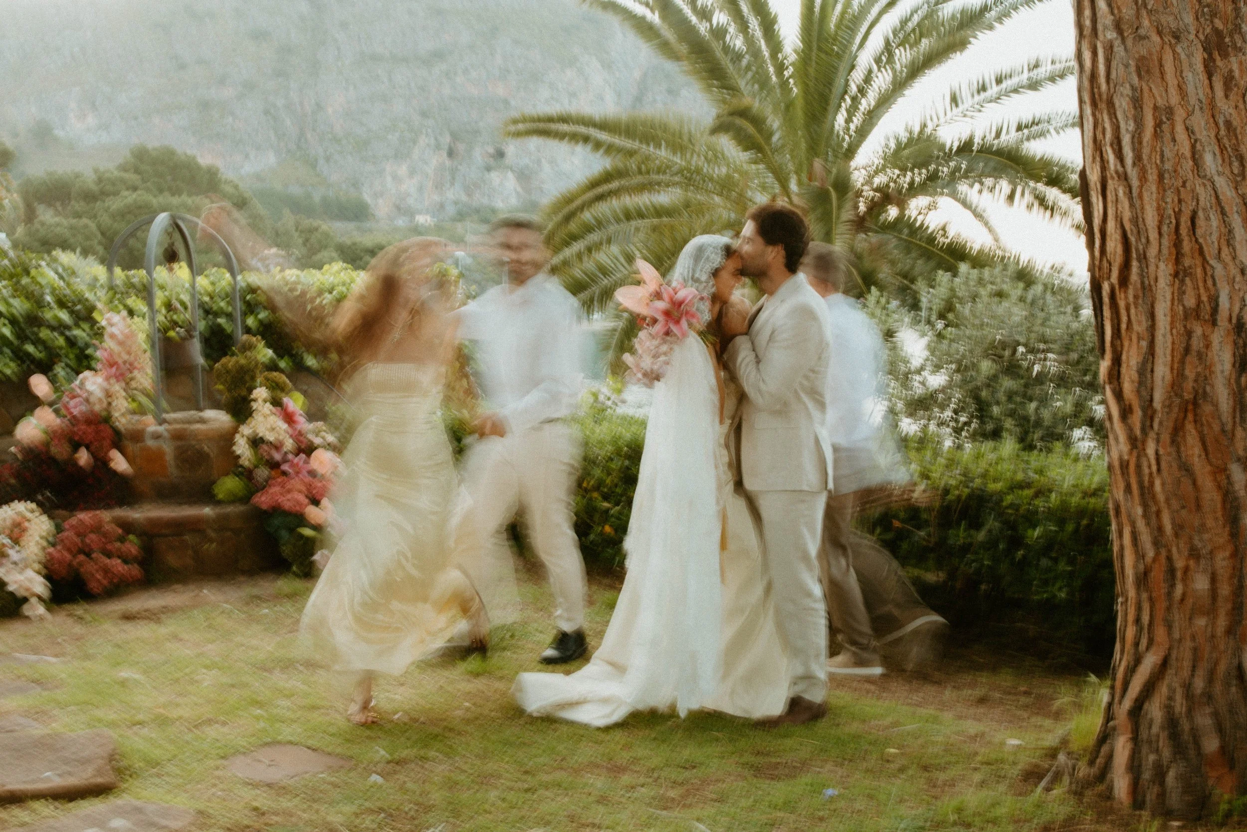 A couple is kissing outdoors during a wedding ceremony under a large palm tree, with wedding guests and a table of flowers nearby, in a lush garden setting with mountains in the background.