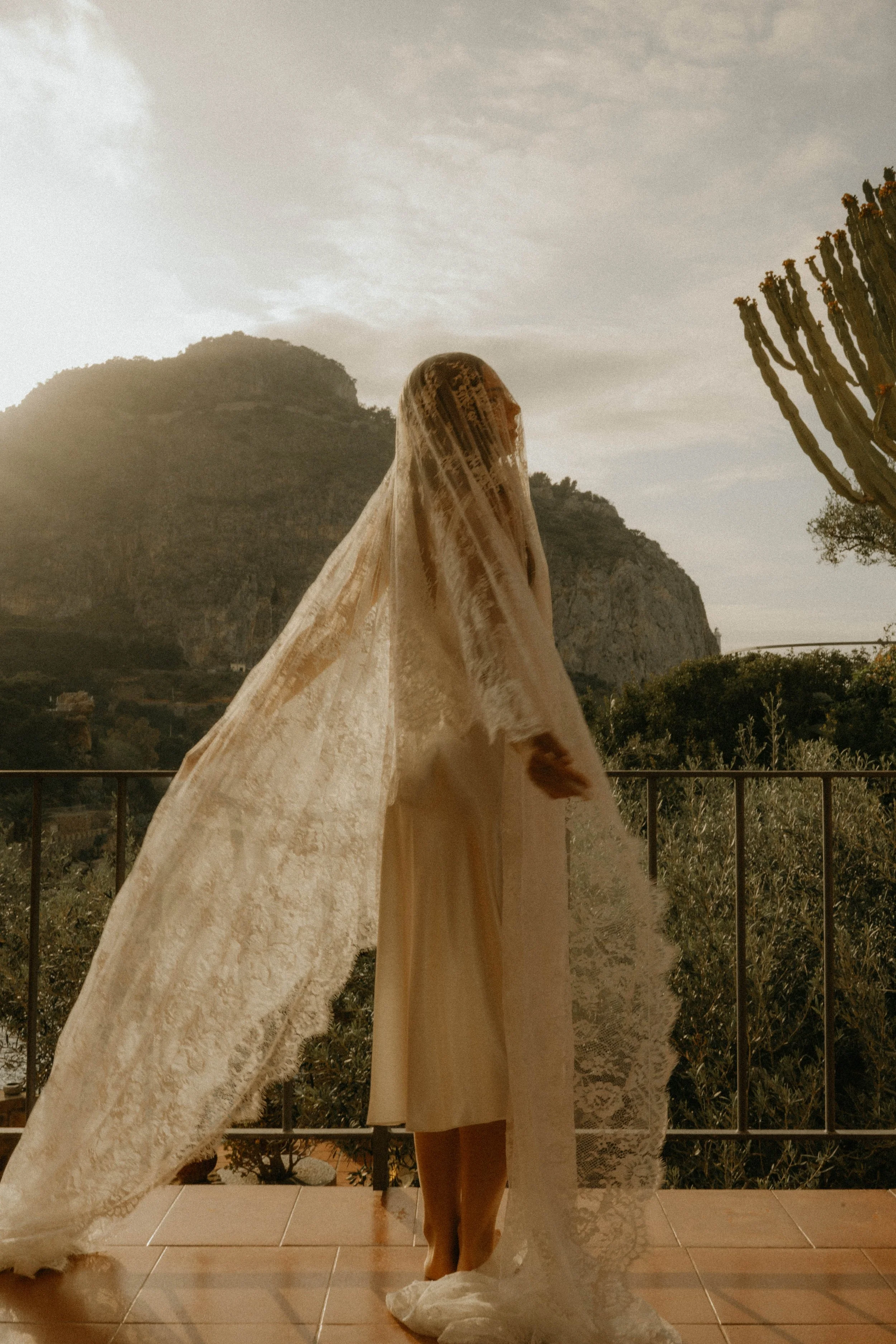 bride getting ready with view of mountains
