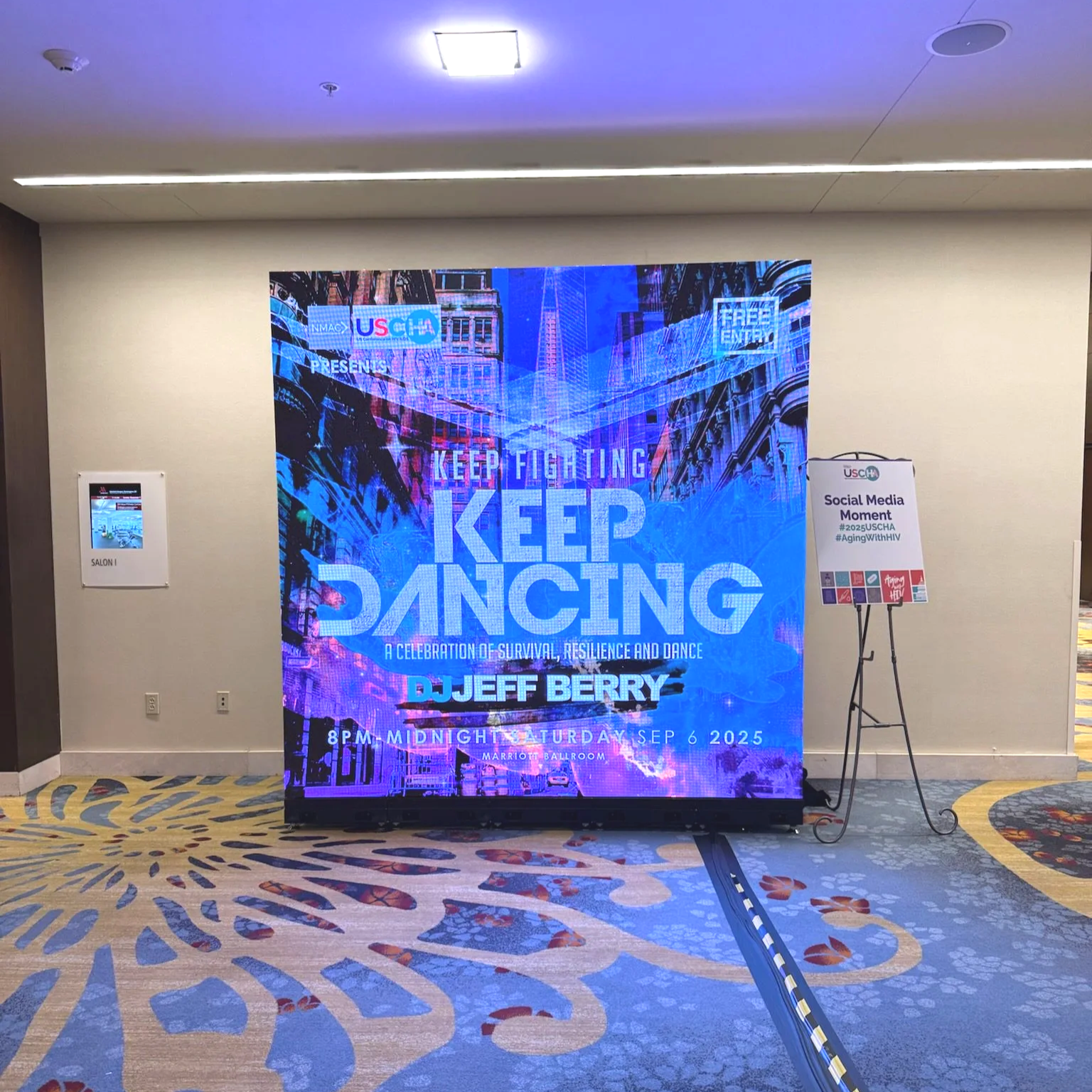 Digital event poster for 'Keep Fighting, Keep Dancing,' celebrating survival, resilience, and dance, featuring DJ Jeff Berry, scheduled from 8 PM to midnight on Saturday, September 6, 2025, at the Marriott Ballroom.