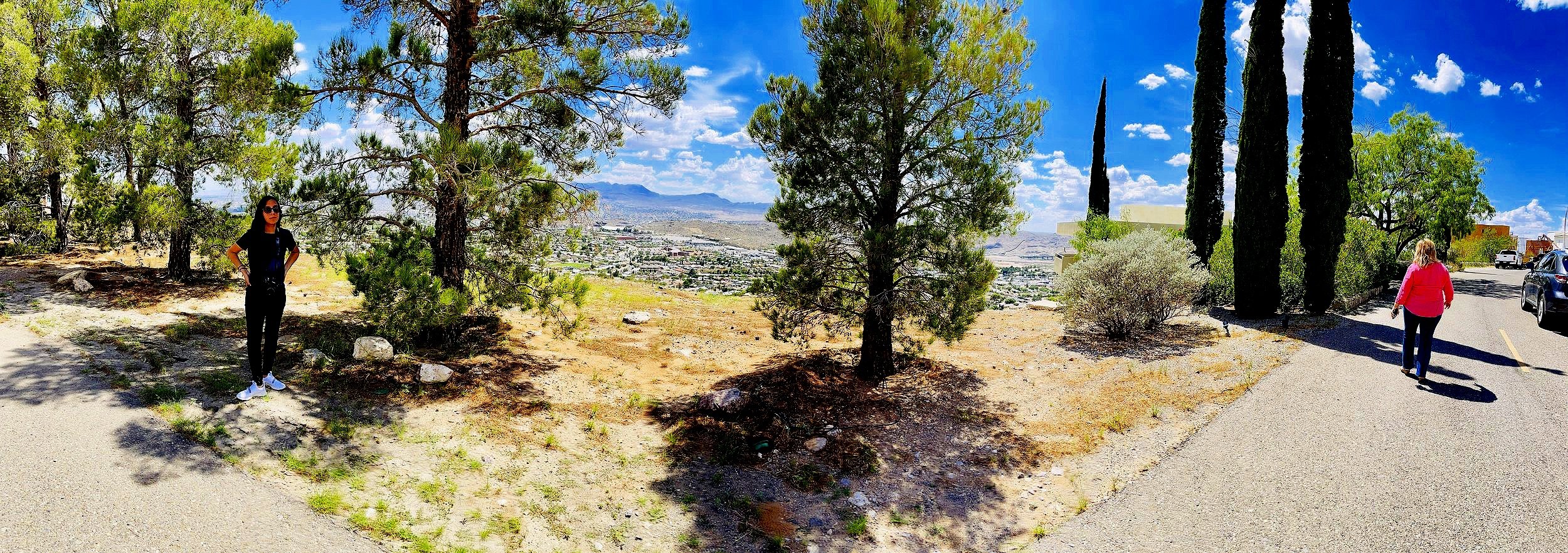 Outdoor landscape with trees, two people walking on a path, and a city view in the distance under a blue sky.