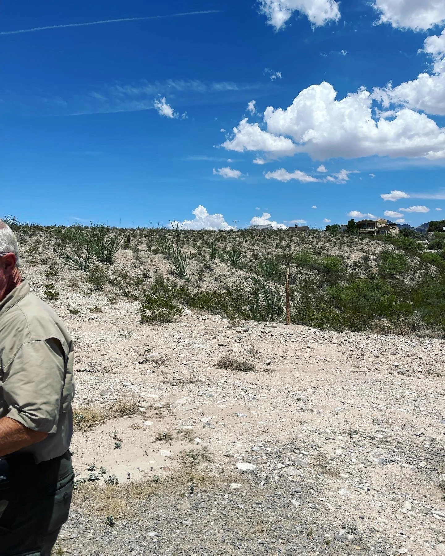 Desert landscape with a clear blue sky, white clouds, sparse vegetation, and a glimpse of a person on the left.