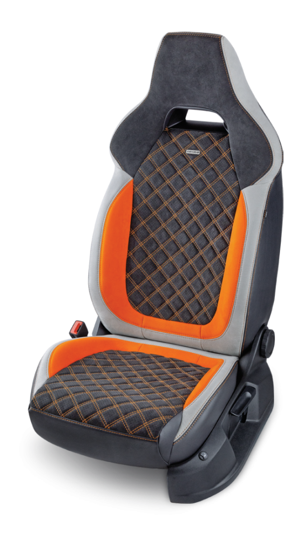 Car seat with gray and orange quilted fabric detailing