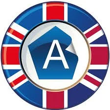 A circular badge with a blue house icon and the letter 'A' inside, surrounded by the Union Jack flag of the United Kingdom.