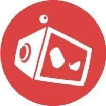 A red circular background with a white illustration of an animated robot's face, including a square head and one circular eye.