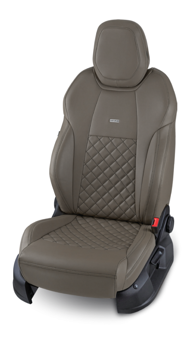 A beige car seat with quilted diamond stitching on the backrest and seat cushion, and a headrest attached.