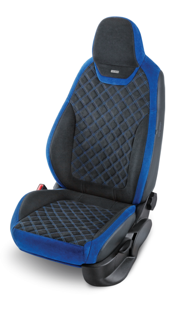 A car seat with black and blue fabric, featuring quilted diamond patterns on the backrest and seat cushion, and a headrest with matching blue and black fabric.