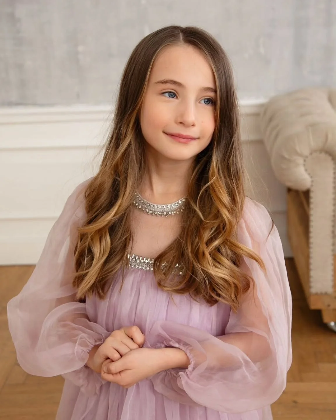 The very essence of a lavender dream, reimagined for your little princess.

Handcrafted in soft layers and delicate finishes, Plumeria dress is perfectly designed to make every moment feel magical.

[Organza silk dress, crystal neckline, tulle bodice
