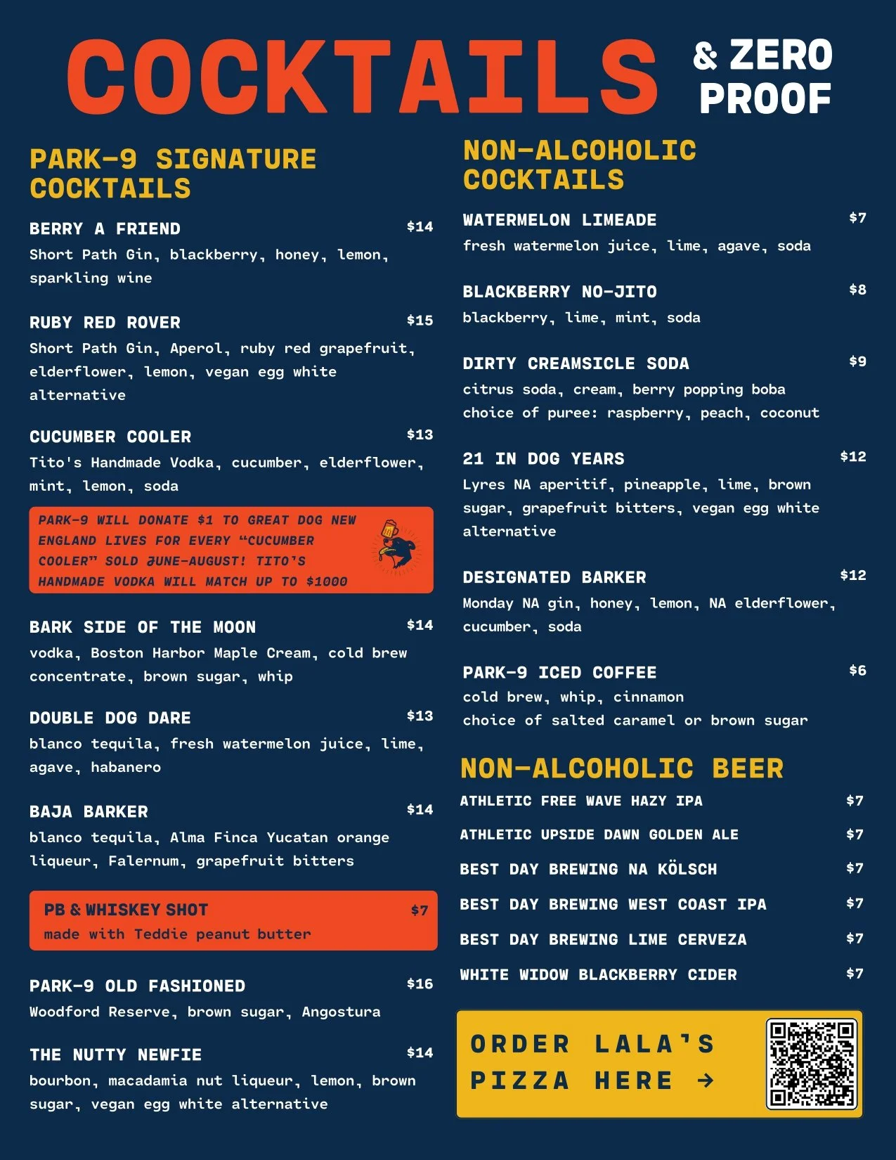 Menu featuring cocktails, non-alcoholic drinks, and beers. Cocktails include Berry A Friend, Ruby Red Rover, Cucumber Cooler, Double Dog Dare, Baja Barker, and others. Non-alcoholic options include Watermelon Limeade, Blackberry No-Jito, Dirty Creamsicle Soda, and various others. Beer options include Athletic Free Wave Hazy IPA, Athletic Upside Dawn Golden Ale, and others.