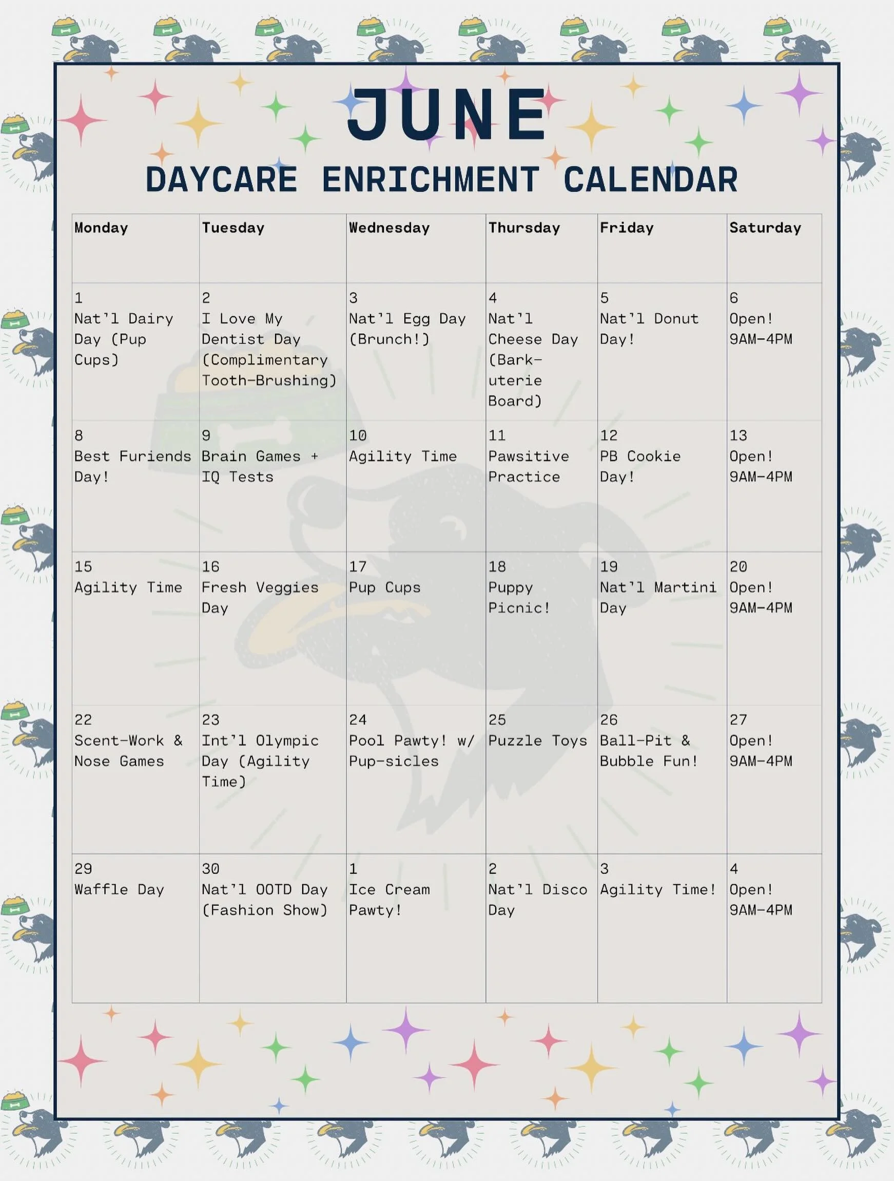 Who&rsquo;s ready to jump into June + show off their Park-9 pride ??? 🤩💕🐾🌈 Which daycare day is YOUR dog most excited for? 

#enrichmentfordogs #activityoftheday #junepride #dogdaycarefun #bostonsmallbusiness