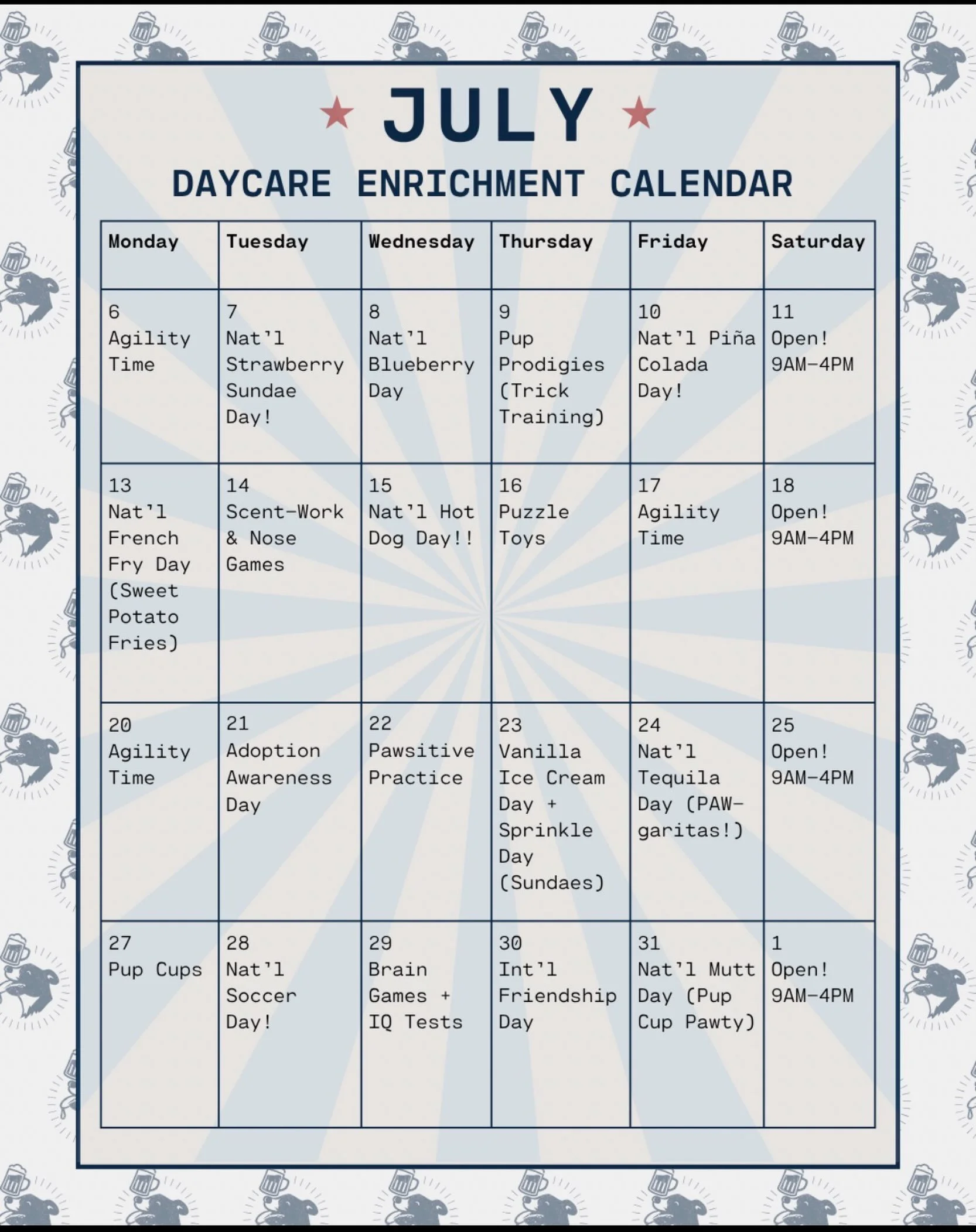 Our July activity calendar is here, and we&rsquo;ve got a month full of themed enrichment, games, treats, photo ops, and plenty of opportunities for your pup to learn, play, and make new friends! 🤍🐾✨ 

#enrichmentfordogs