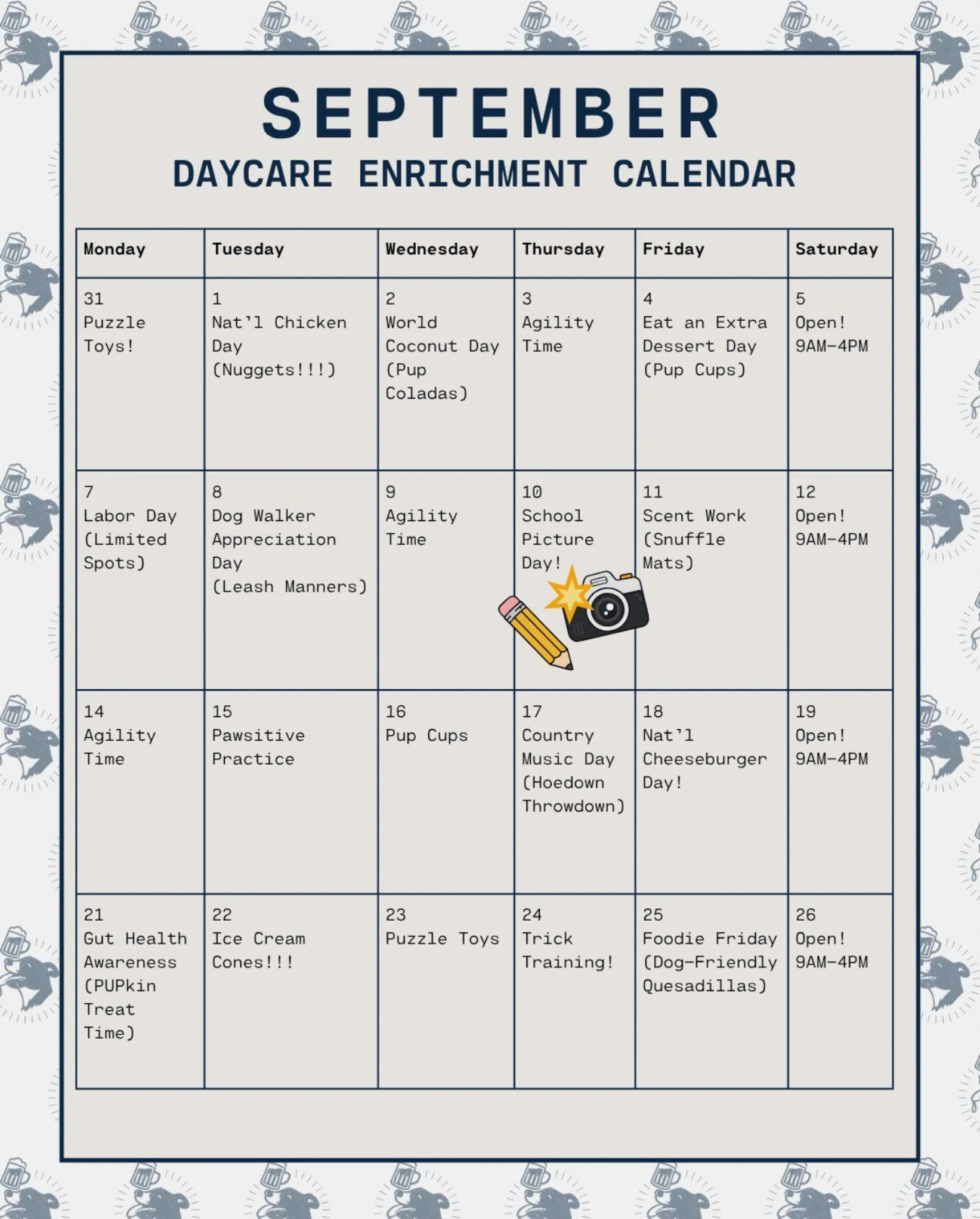 Say goodbye to August! 👋 Check out September&rsquo;s enrichment &amp; activity calendar and all the fun we have planned for our daycare pups! ✨ 

#enrichmentfordogs #dogdaycarefun #summerisending #activityoftheday #spoileddogs
