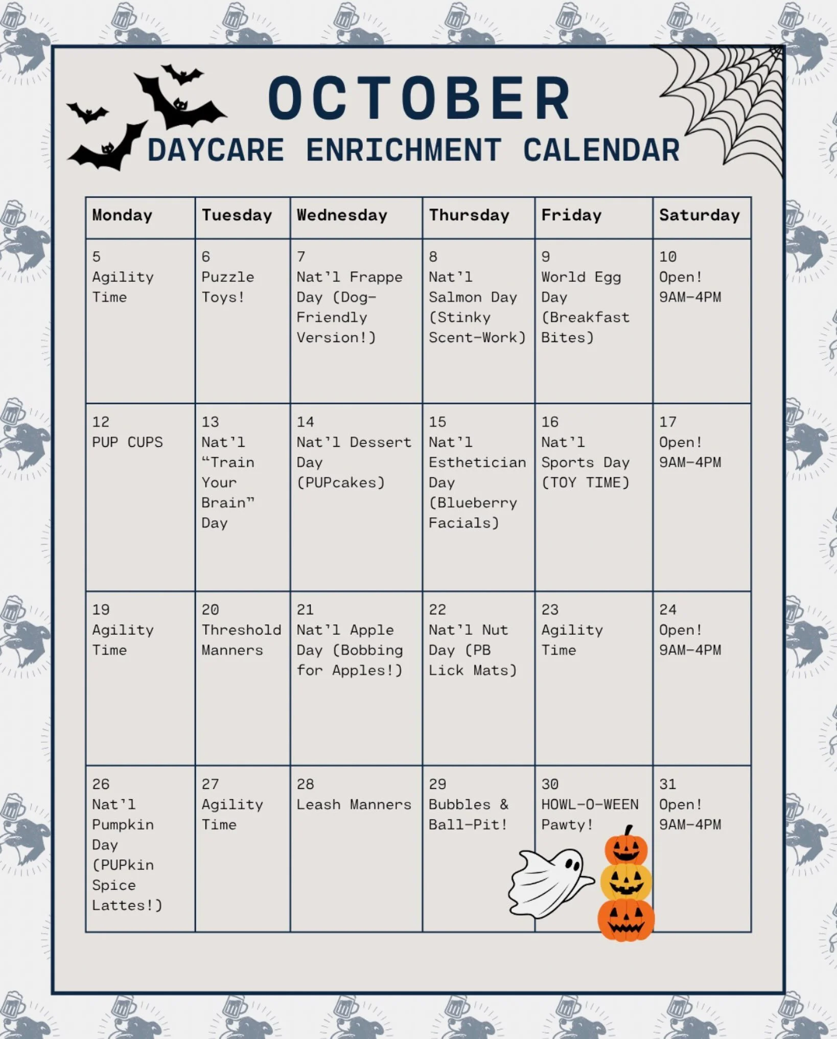 October is here!! 🎃🍂 Check out everything we have planned for the pups this month &mdash; from spooky fun to fall favorites, there&rsquo;s plenty to look forward to! 🐾👻

#howloween #spookymonth #activitytime #enrichmentfordogs #bostondogsofinstag