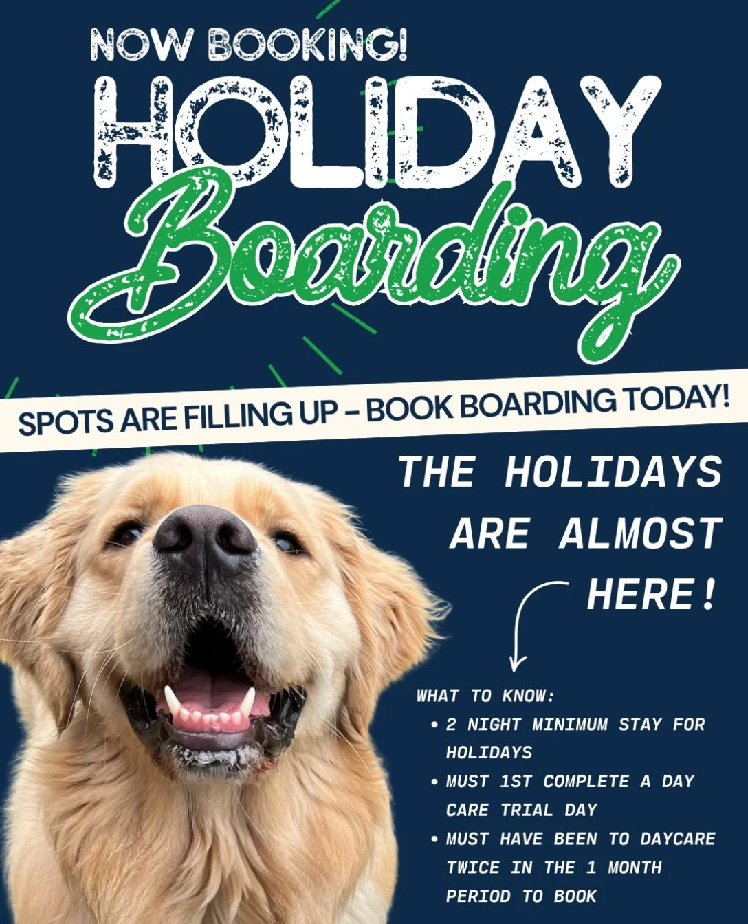 The holidays are just around the corner, and our boarding spots are filling up fast!

If you&rsquo;re planning holiday travel, now is the perfect time to reserve your pup&rsquo;s stay before availability is gone.

Holiday Boarding Requirements:
&bull