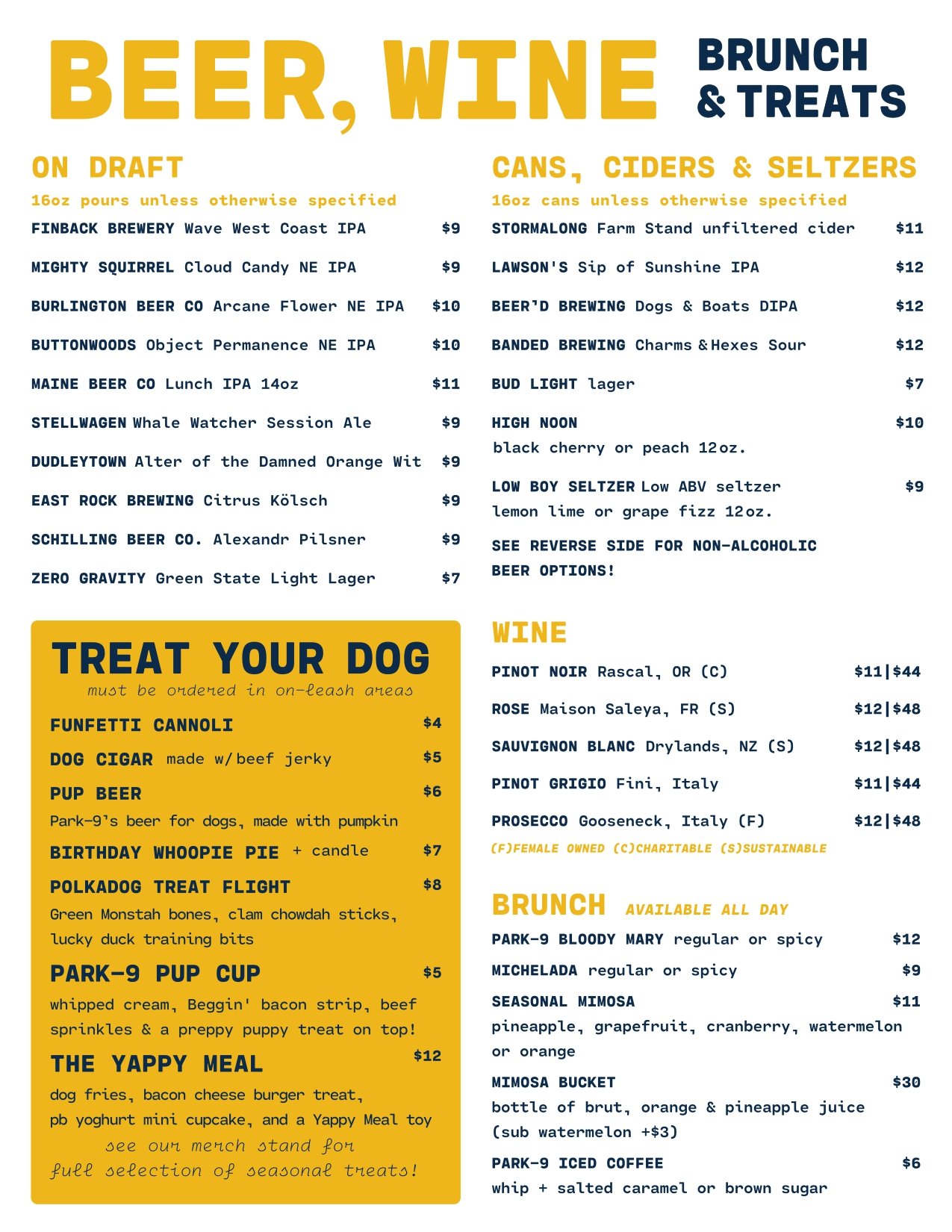 Menu featuring beer, wine, brunch, and treats, with sections for draft beers, canned and bottled beverages, wine options, and various brunch and snack items.