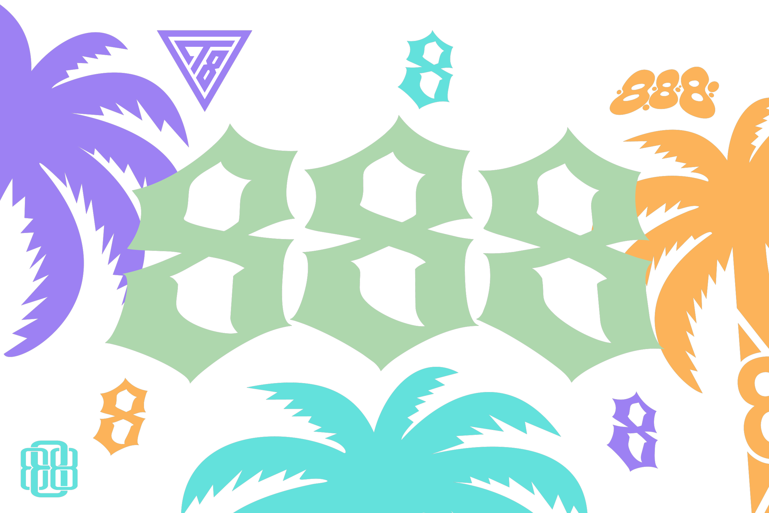 Colorful cartoon-style illustration featuring abstract shapes and patterns in purple, orange, teal, and black, with some geometric and organic elements.
