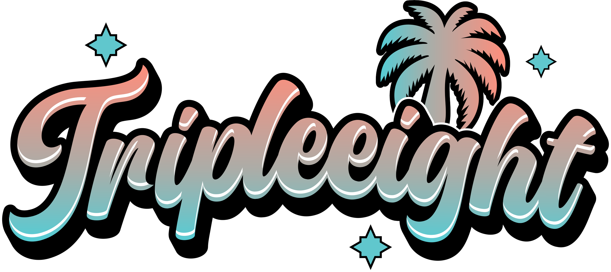 Colorful, gradient text spelling 'tindered' with star and palm tree graphics.