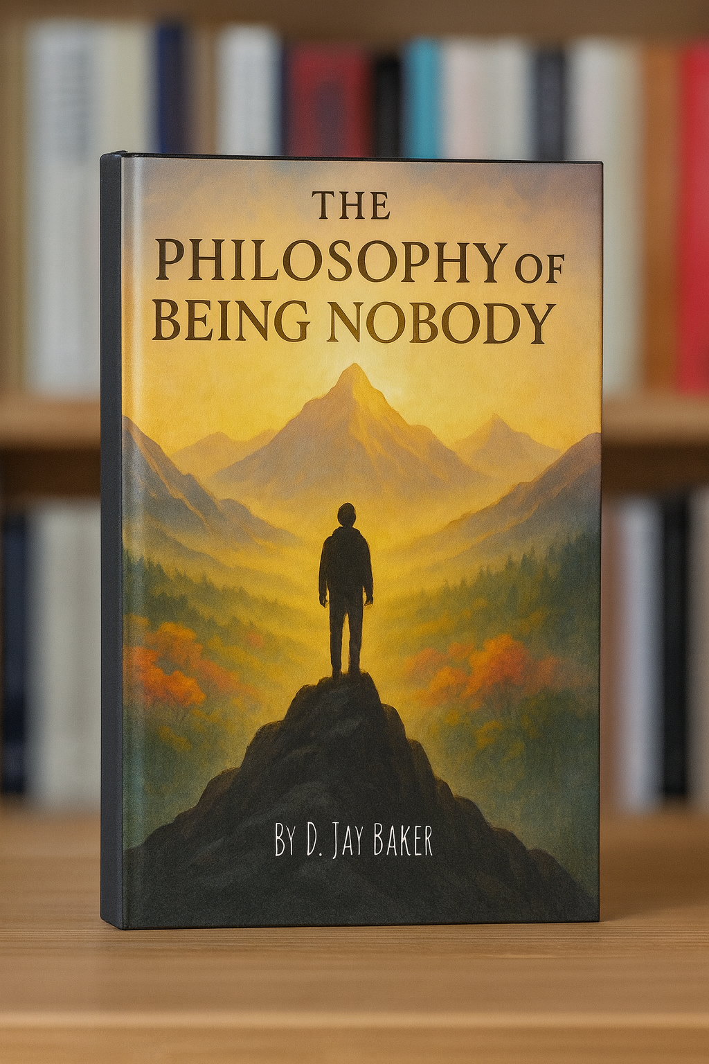 Book titled "The Philosophy of Being Nobody" by D. Jay Baker, featuring a silhouette of a person standing on a rocky peak with a mountain landscape in the background during sunset.