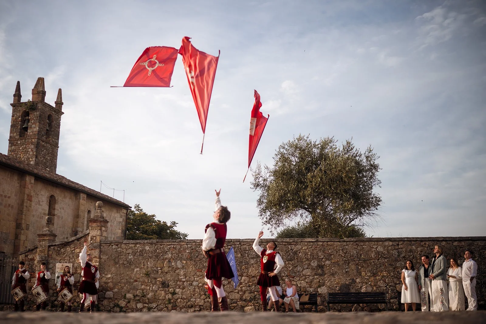 Medieval flag wavers show for a private event in Monteriggioni