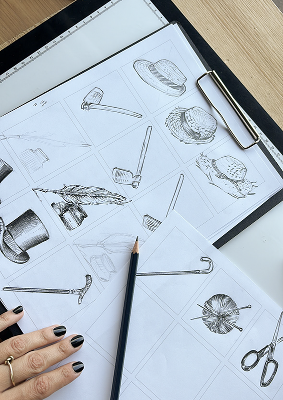 accessori e strumenti contadini tradizionali disegnati a mano con la tecnica a matita studio per etichetta di vino valpolicella