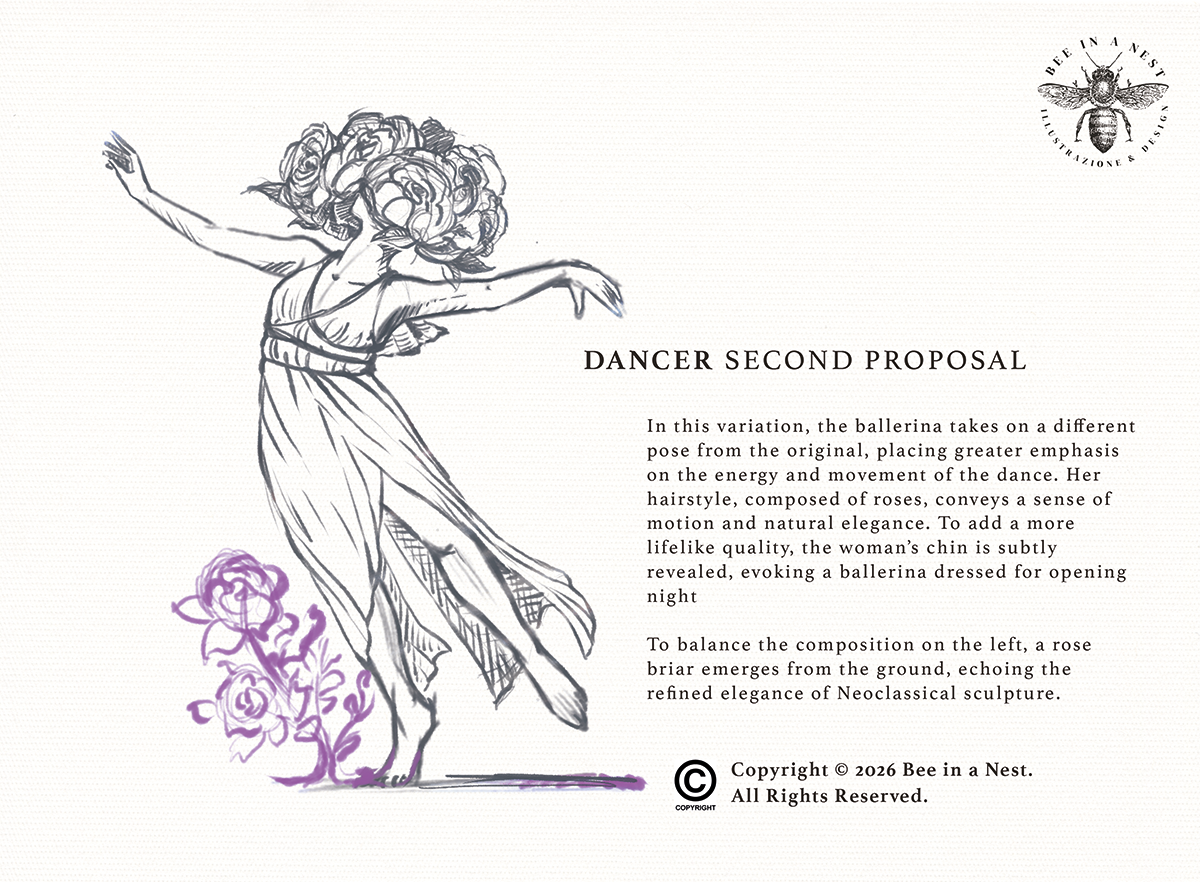 illustration of an ancient Greek dancer with roses in her arms dancing gracefully